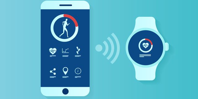 Vector of user interface for smartwatch and smartphone being synchronized