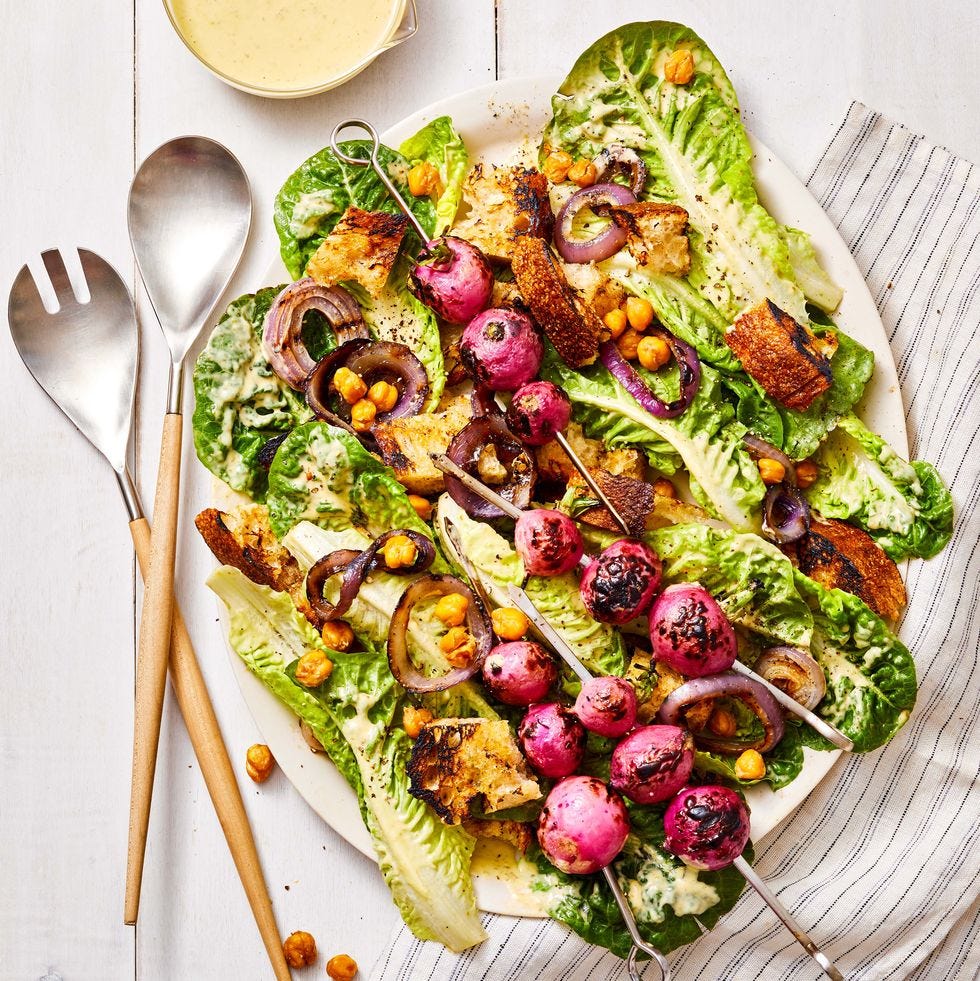 vegan caesar salad with roasted radishes on a plate