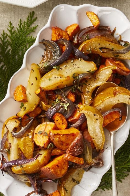 Vegan Christmas Dinner - Roasted Sweet Potato, Pear, and Onion