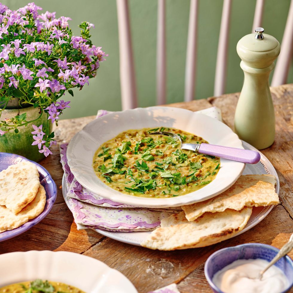 vegan curried lentils with coconut flatbreads