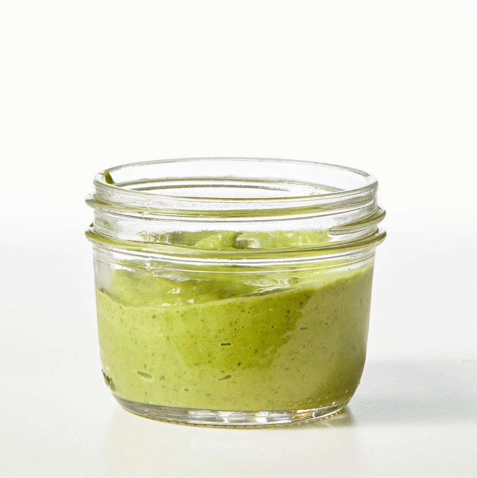 vegan green goddess dressing in a glass jar