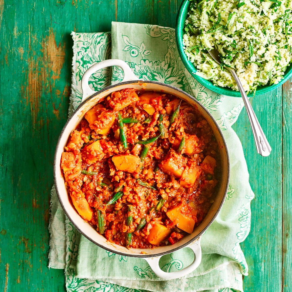 vegan lentil and butternut tagine with courgette couscous