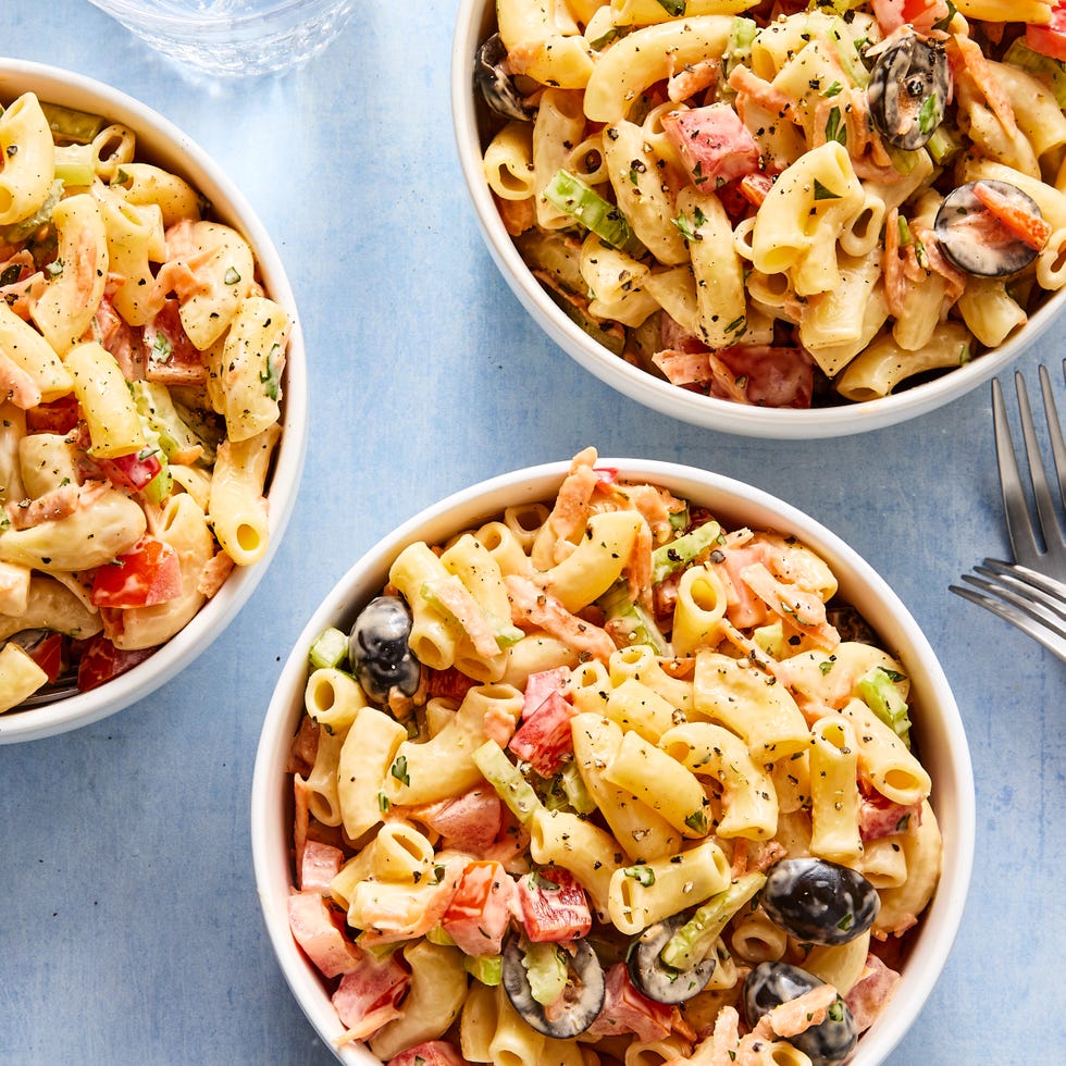 elbow noodles tossed with veggies in a vegan mayo mixture