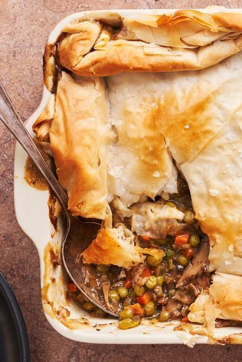 vegan pot pie topped with puff pastry
