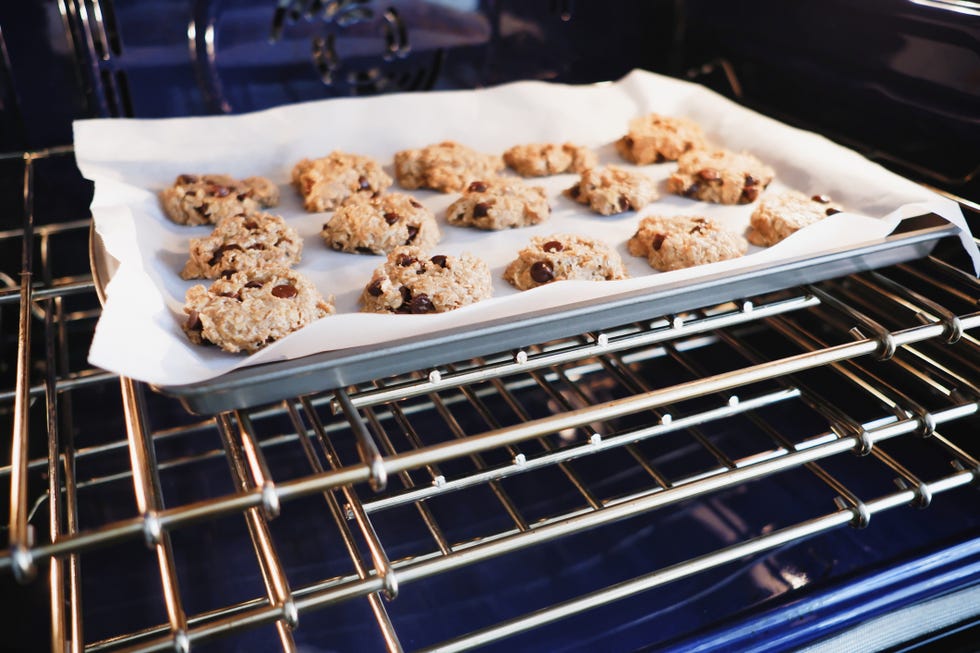 vegan oatmeal chocolate chip cookies bake in oven