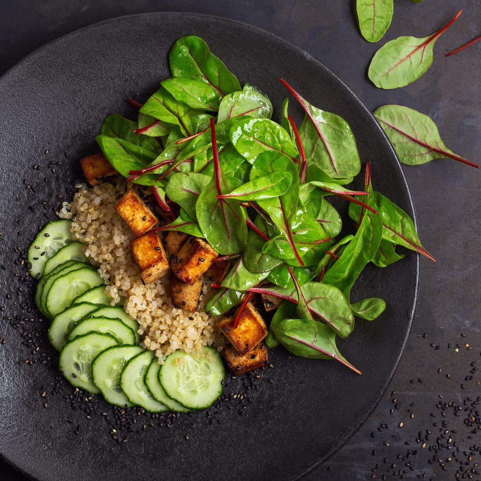 vegan tofu poke bowl with baby chard and quinoa