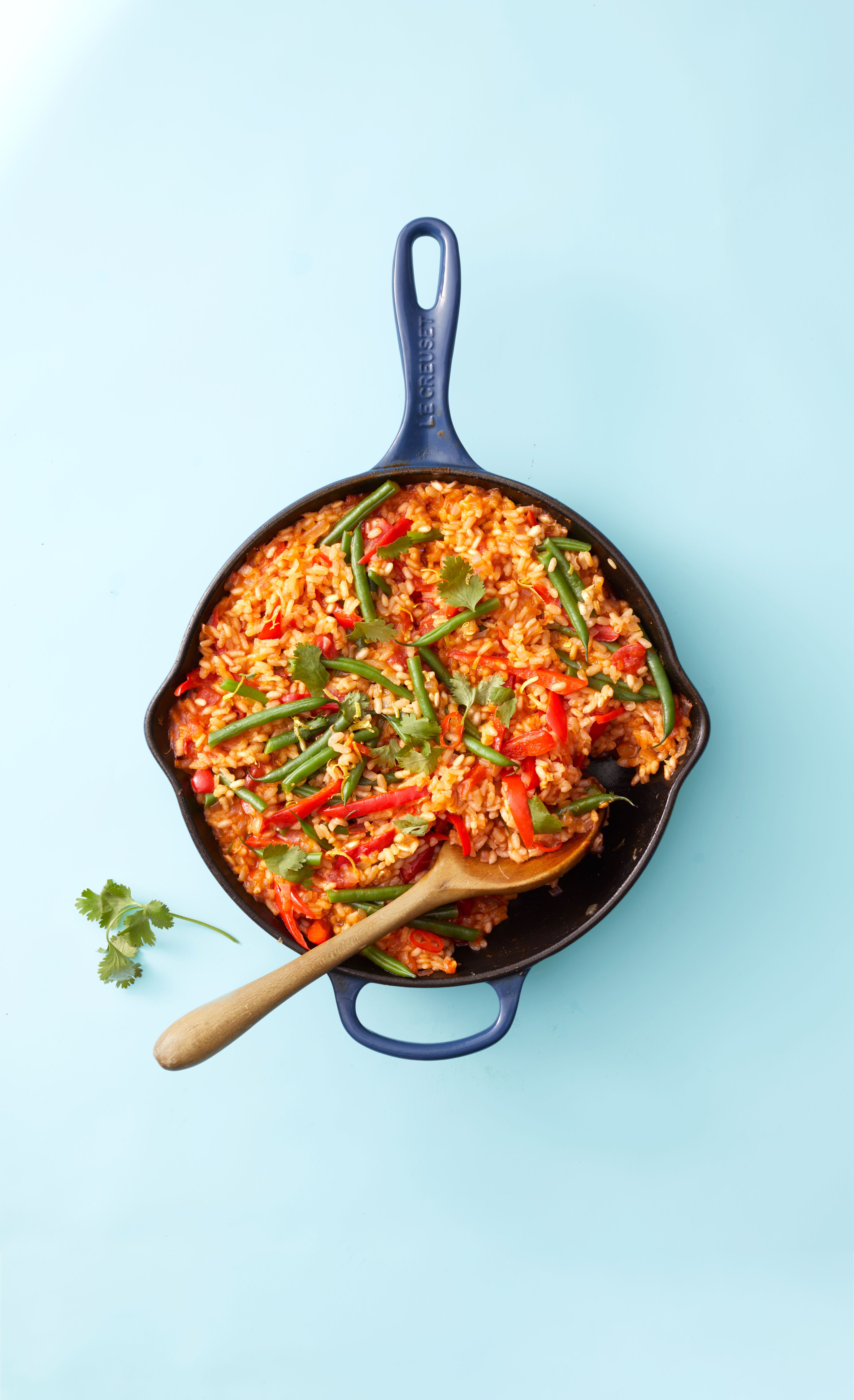 vegetable paella in a cast iron skillet