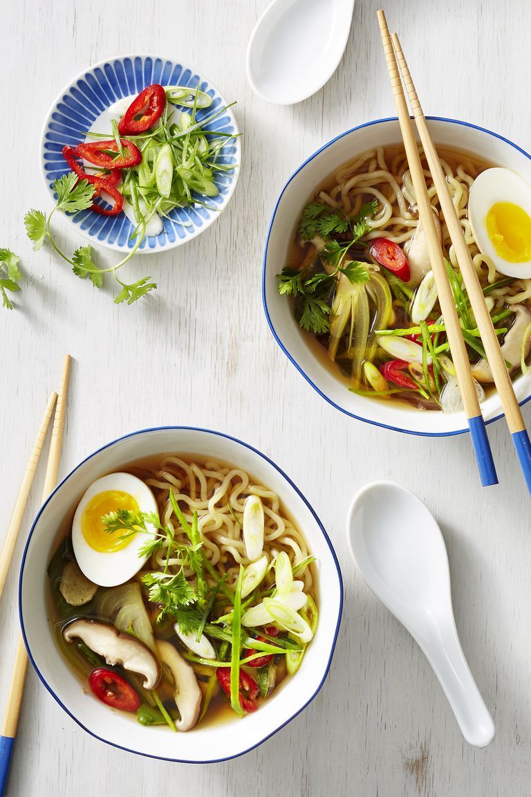 vegetable ramen with mushrooms and bok choy in blue and white bowls