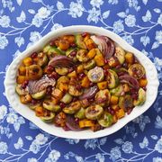 vegetable side dishes mixed roasted veggies on blue floral surface