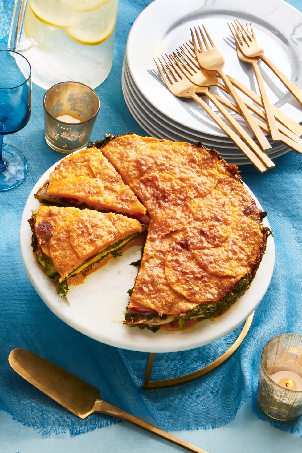 vegetable torte on a white platter