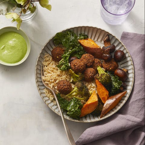 vegan dinner ideas easy lentil broccoli falafel bowls with jalapeño herb tahini