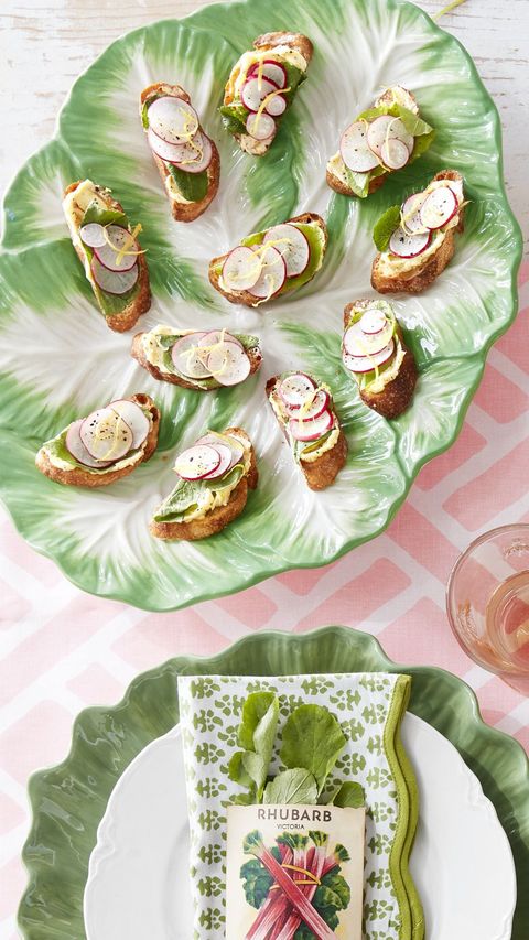 sliced radish and radish leaf toasts with lemon butter
