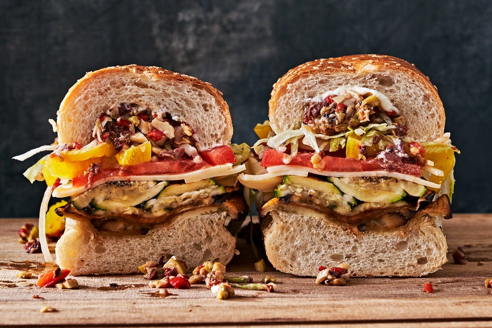 vegetarian italian sub stuffed with eggplant, zucchini and olive salad