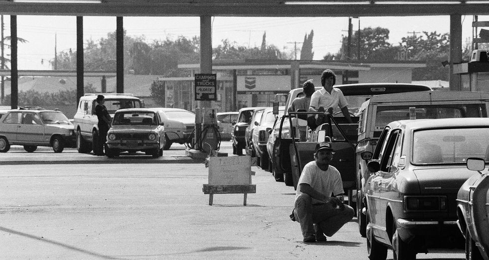 vehicles in line for gasoline at gas station long beach, california 1979