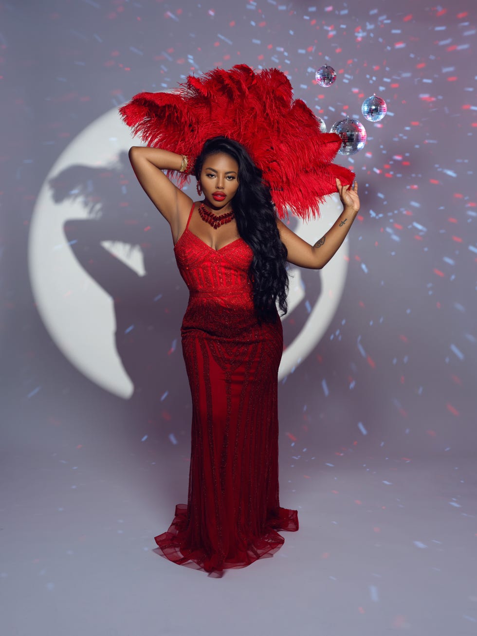 a woman in a red dress