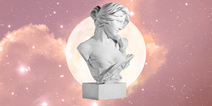 a marble bust of a woman in front of a full moon and a pink starry sky