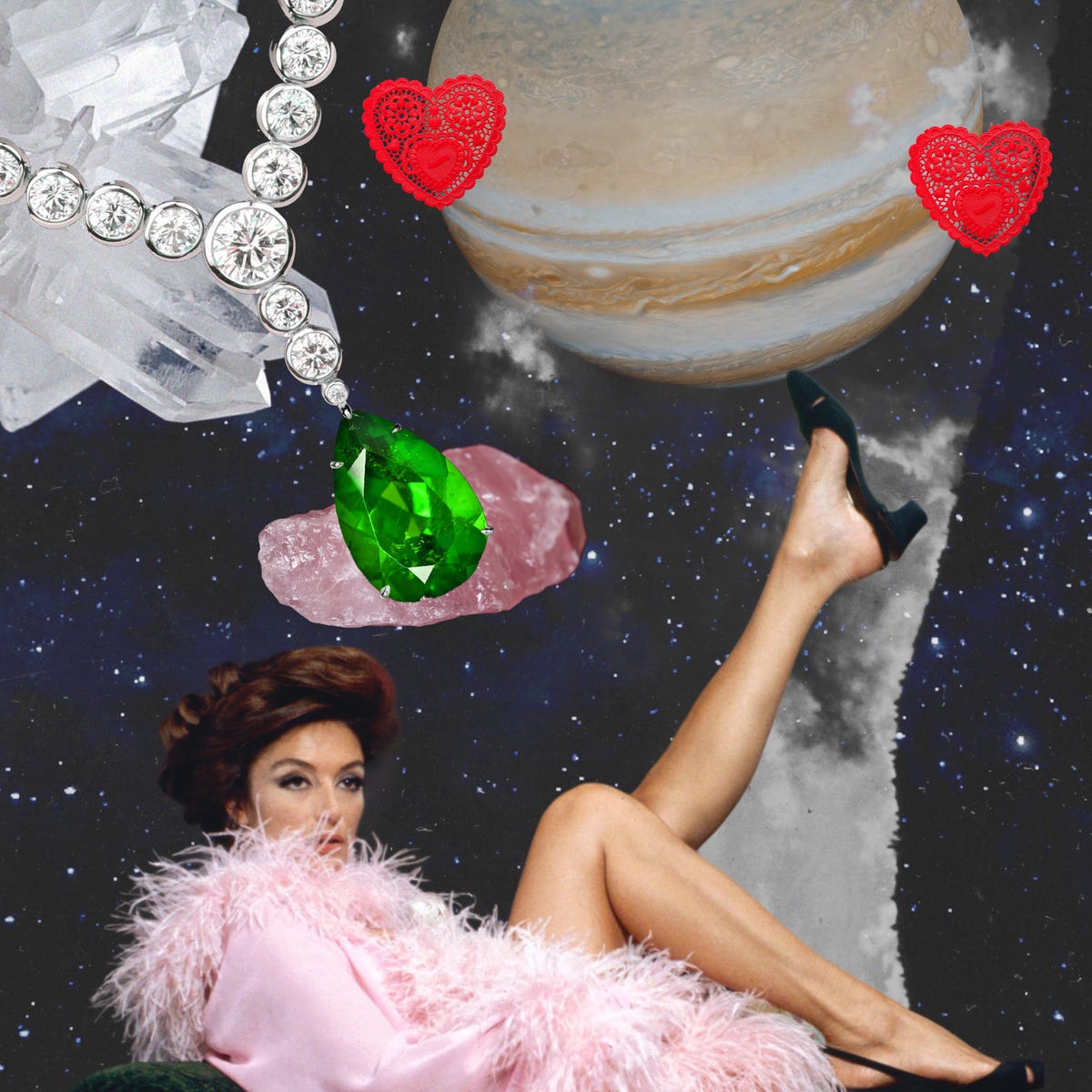 a woman lounging in a pink robe surrounded by a starry background, crystals, and a planet