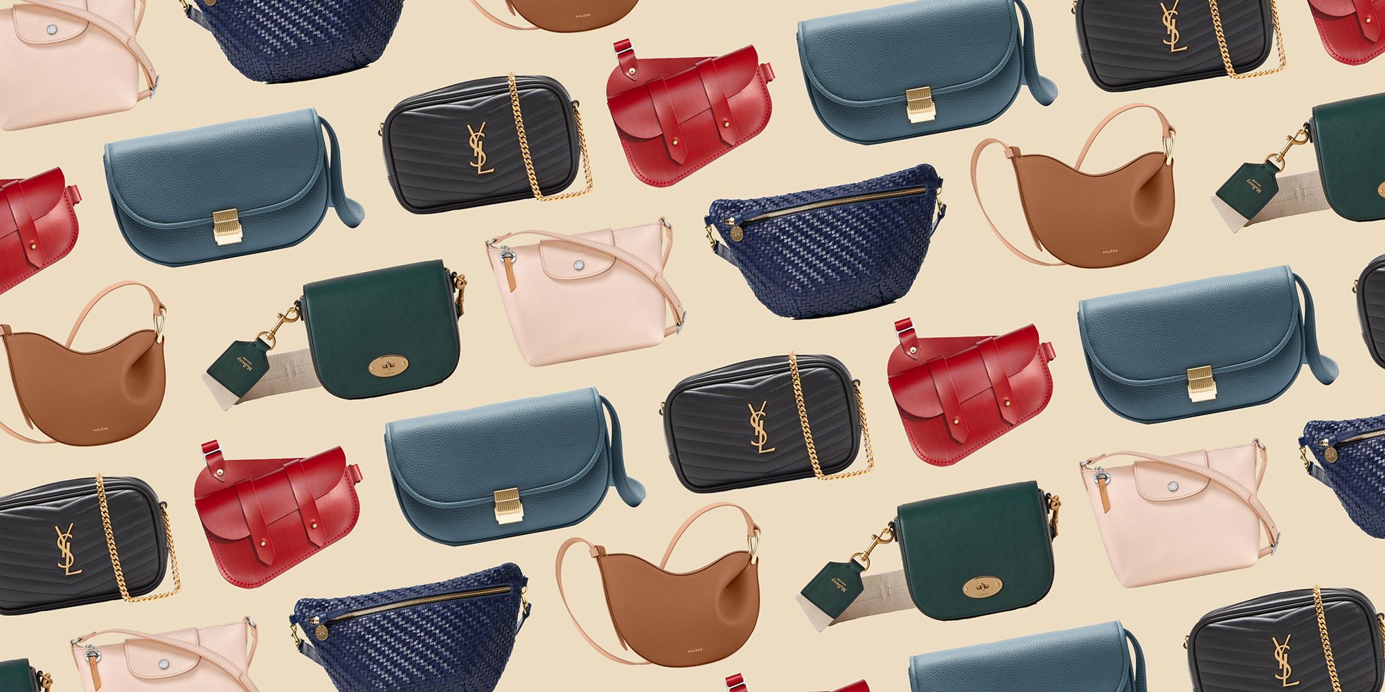 a collection of different colored purses