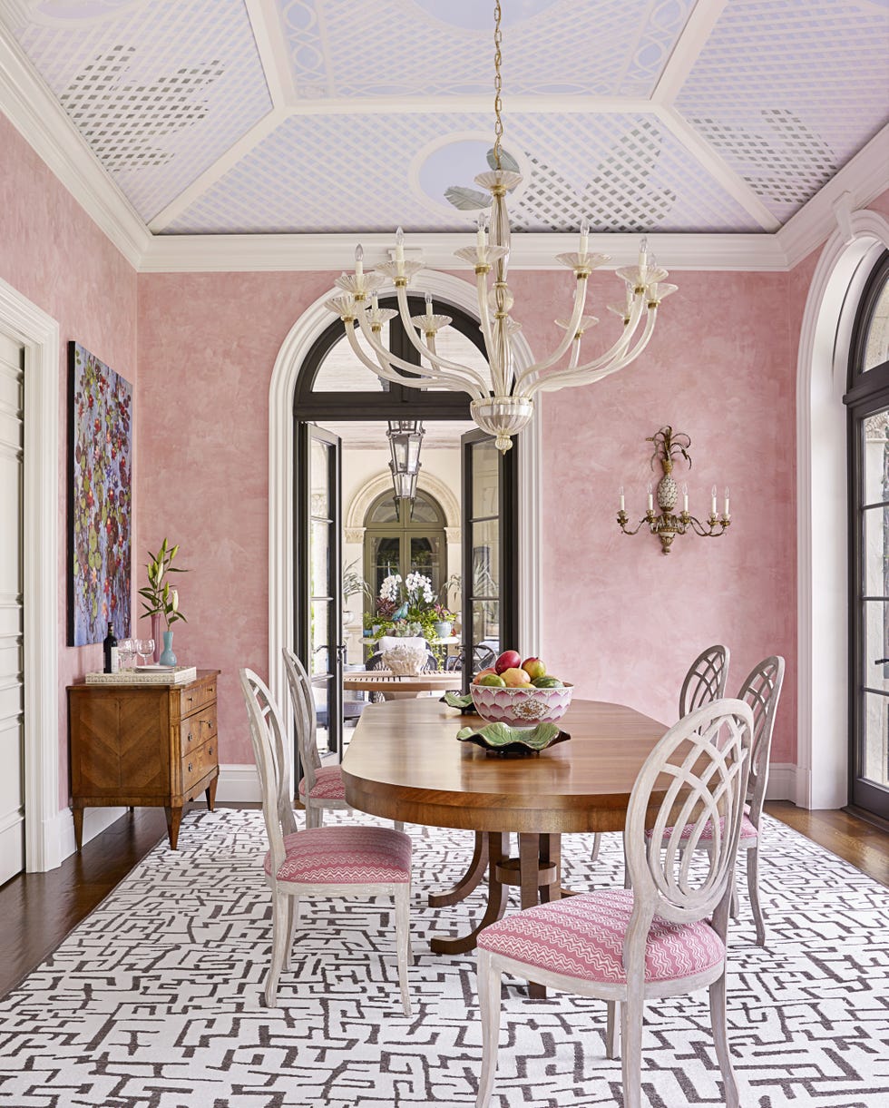 room, interior design, furniture, property, dining room, ceiling, building, table, pink, wall,