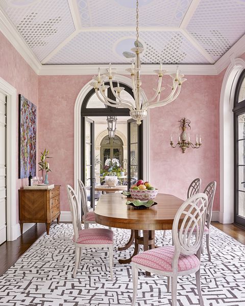 Room, Interior design, Furniture, Property, Dining room, Ceiling, Building, Table, Pink, Wall, 