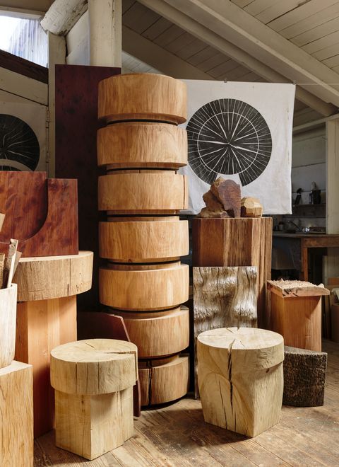 wood stools, tables, and functional sculptures