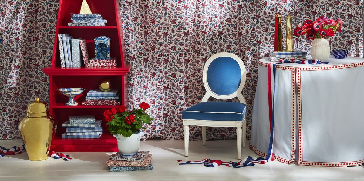 an empirical take on the tricolor palette with a royal blue louis xvi style slipper chair and pretty toile physis tieback, declercq passementiers compact tumbler, monologue stories