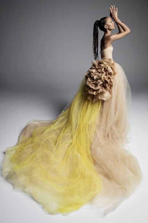 Clothing, Dress, Gown, Fashion, Yellow, Long hair, Blond, Shoulder, Formal wear, Haute couture, 