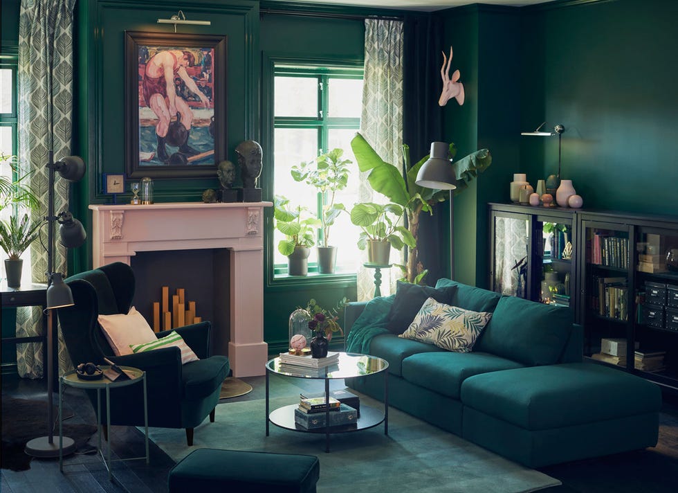Living room, Green, Room, Furniture, Couch, Interior design, Turquoise, Home, House, Building, 