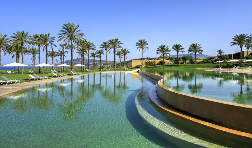 Swimming pool, Resort, Property, Reflecting pool, Water resources, Tree, Palm tree, Real estate, Water, Leisure, 