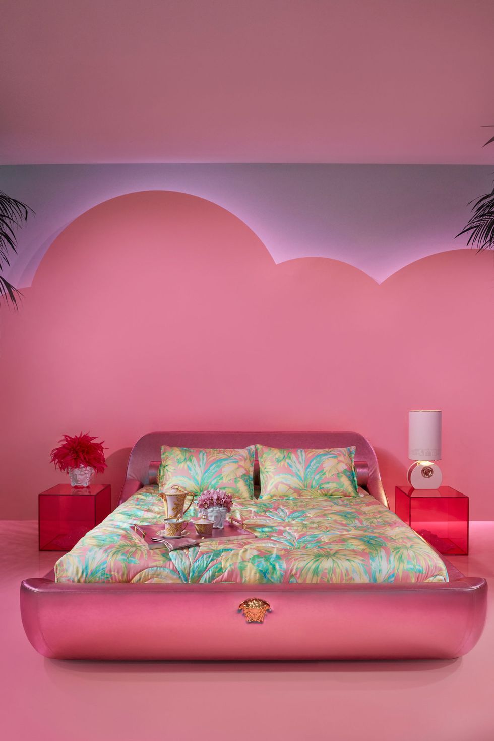 Bedroom, Pink, Bed, Bed sheet, Furniture, Room, Wall, Bed frame, Interior design, Bedding, 