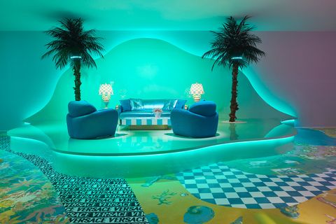 Aqua, Green, Turquoise, Blue, Majorelle blue, Table, Palm tree, Interior design, Couch, Design, 