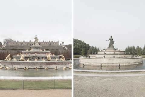 In Tianducheng rechts staat een spaarzamer versierde versie van de fontein van Latona uit Versailles links