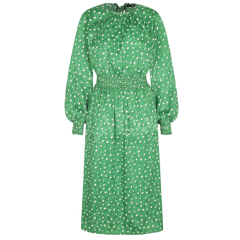 Green, Clothing, Dress, Polka dot, Pattern, Sleeve, Turquoise, Day dress, Robe, Outerwear, 