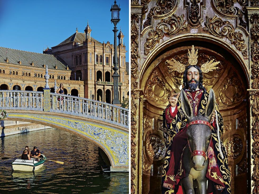 Een roeibootje vaart onder een brug door bij de Plaza de Espaa een complex dat stamt uit de jaren 20 Een barok beeld rechts van Jezus op de rug van een ezel in de kerk El Salvador