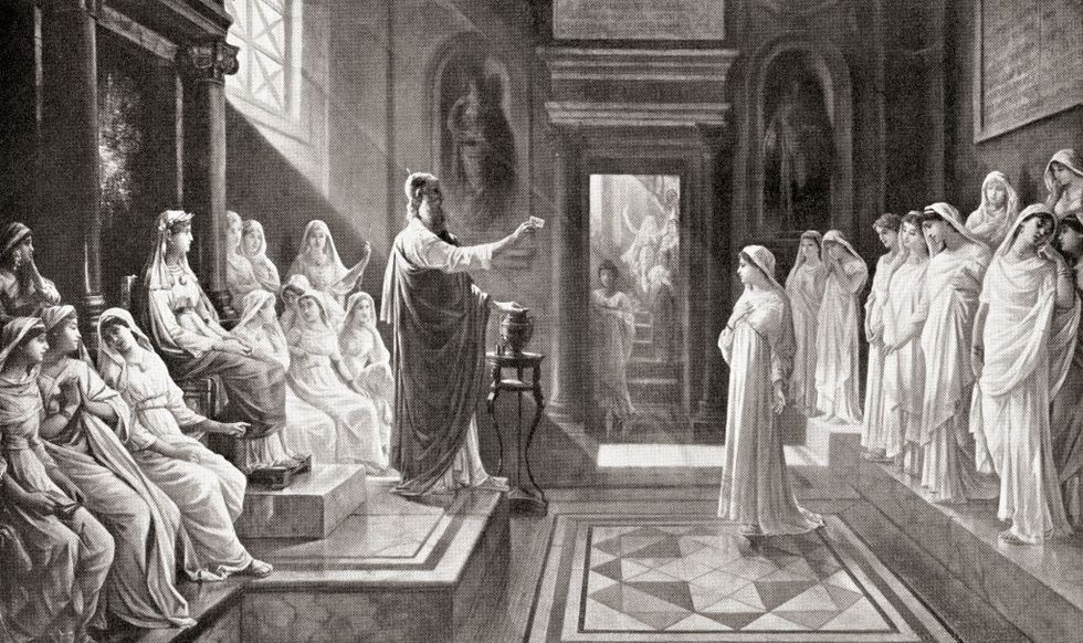 the election of a vestel virgin by the pontifex maximus, the high priest of the college of pontiffs  in ancient rome to be allowed entry into the order, a girl had to be free of physical and mental defects, have two living parents and be a daughter of a free born resident of rome the vestals or vestal virgins were priestesses of vesta, goddess of the hearth  from hutchinsons history of the nations, published 1915photo by universal history archiveuniversal images group via getty images
