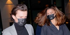 new york, new york   february 16 tom holland and zendaya are seen departing their hotel on february 16, 2022 in new york city photo by gothamgc images