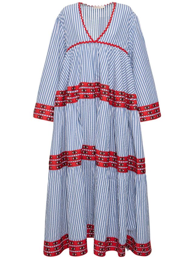 a blue and red striped dress