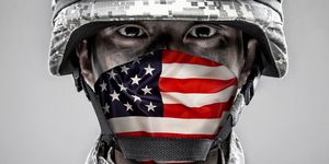 Face, Flag of the united states, Head, Close-up, Mouth, Personal protective equipment, Headgear, Flag, Photography, Neck, 