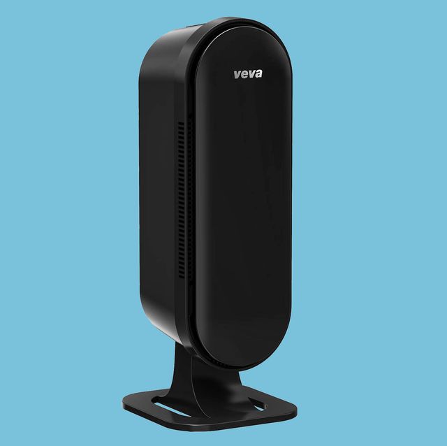 black air purifier with light blue background