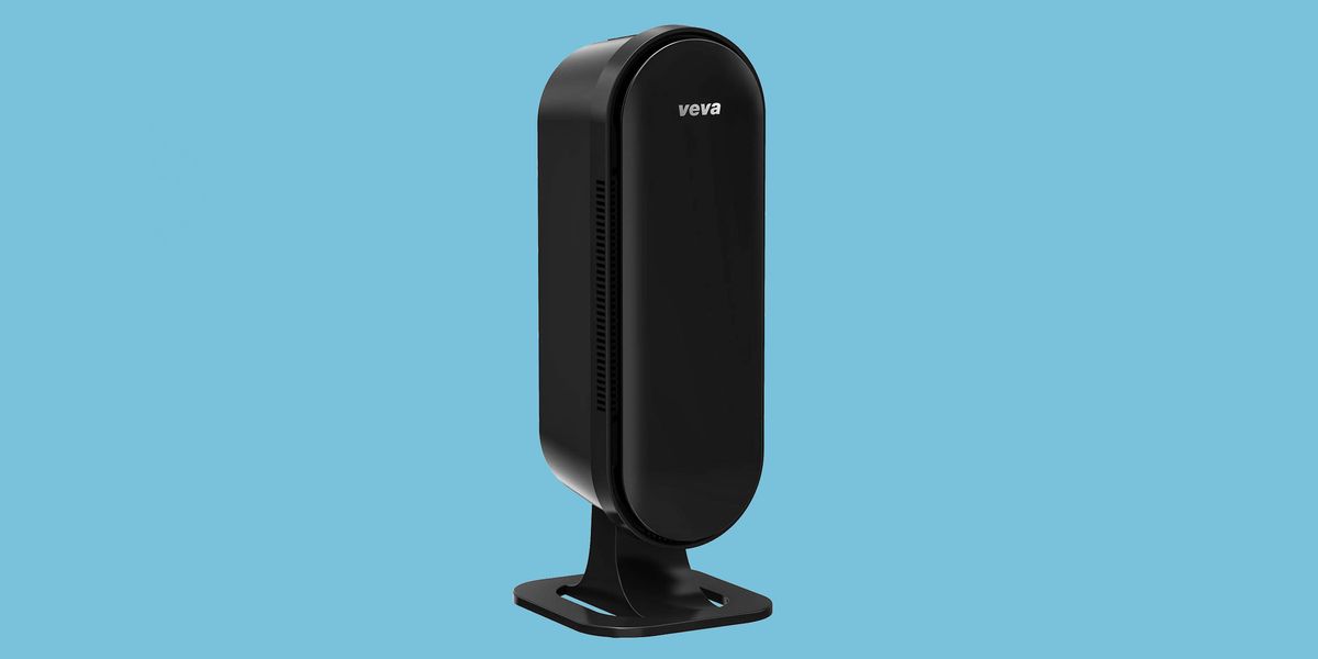 black air purifier with light blue background
