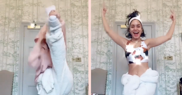 two photos of vanessa hudgens side by side, the first showing her with a sweat suit on as she holds her leg up to her head to try the flexible challenge, the second showing her cheering herself on as she completed the challenge