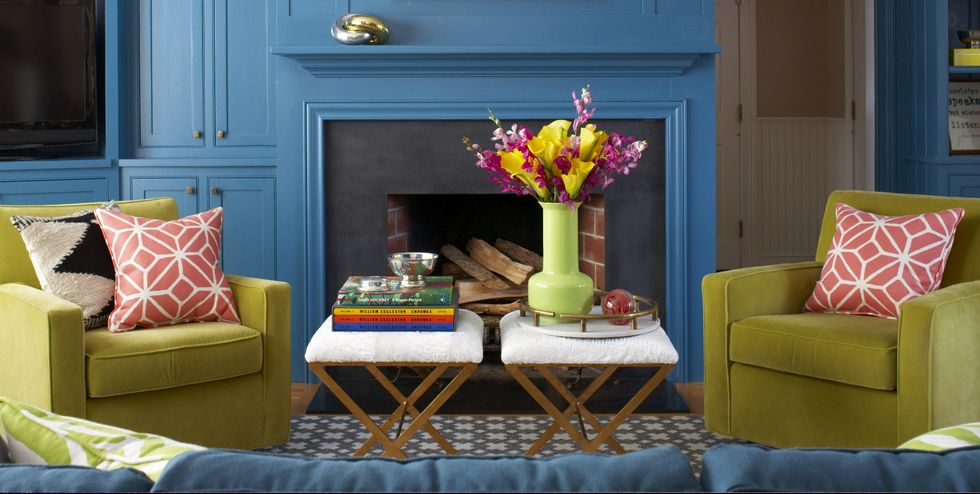Living room, Room, Furniture, Blue, Green, Interior design, Yellow, Turquoise, Home, Table, 