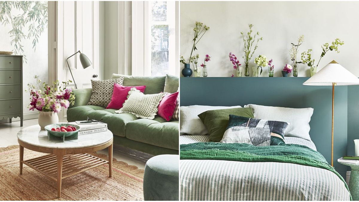Una sala de estar con una pared verde una decoración de pared