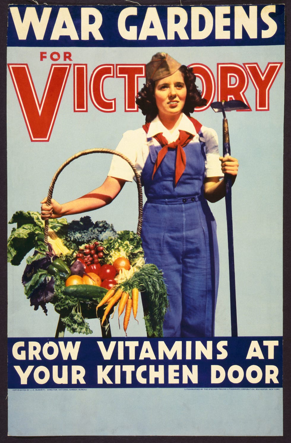 world war ii, american propaganda poster showing a woman standing with hoe and basket of vegetablesoriginal title war gardens for victory   grow vitamins at your kitchen doorcolor poster, half tone with with lithograph stecher traung lithograph corporationrochester new york usa 1942 photo by galerie bilderweltgetty images