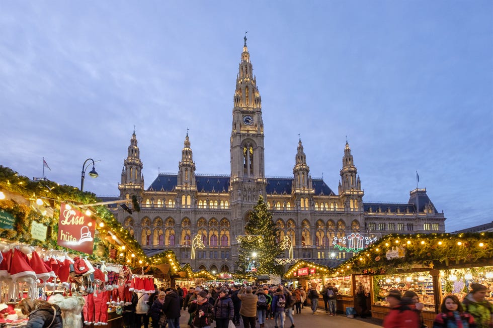 a large crowd of people outside of a large building with rathaus, vienna in the background