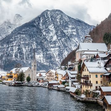 scenic picture postcard view of famous hallstatt mountain village in the austrian alps