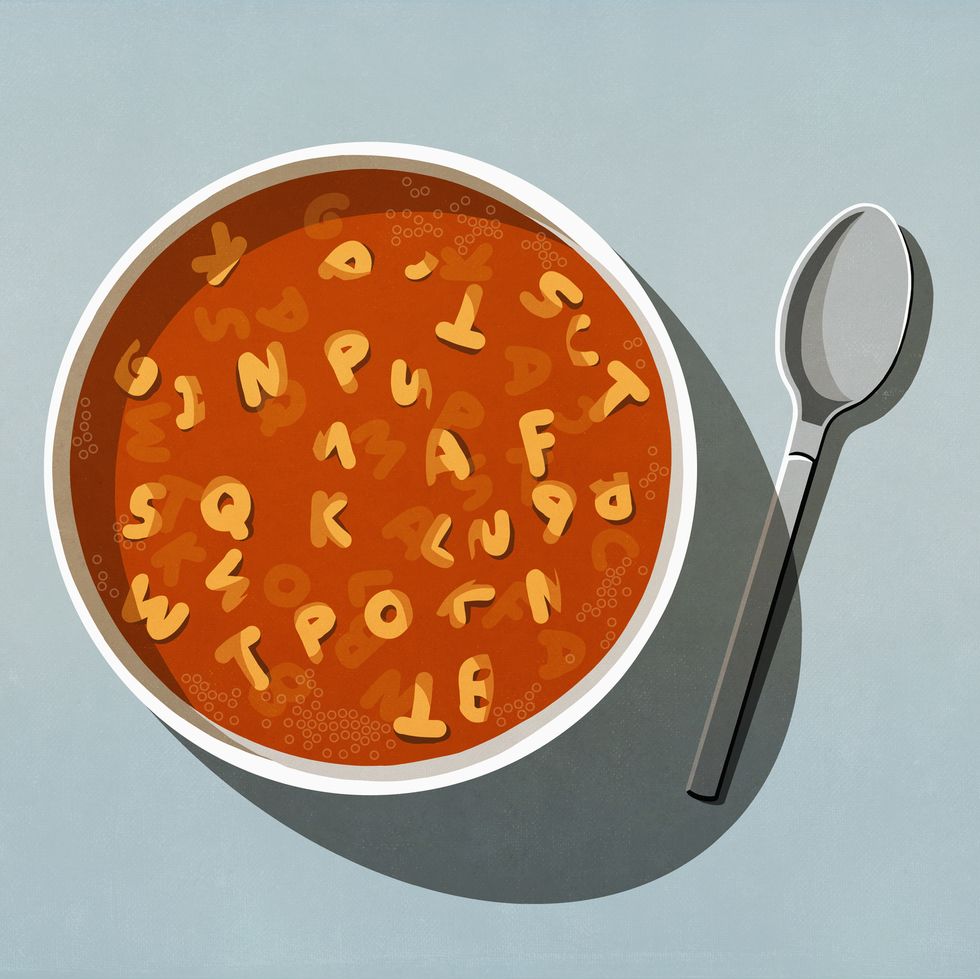 view from above alphabet soup in bowl