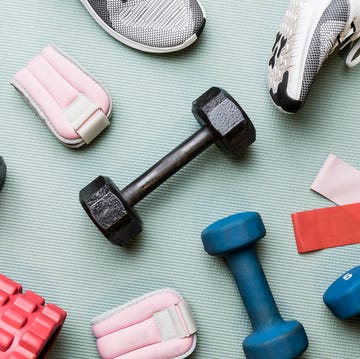 view from above dumbbells and exercise equipment knolling