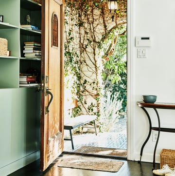 view from living room out open front door of home