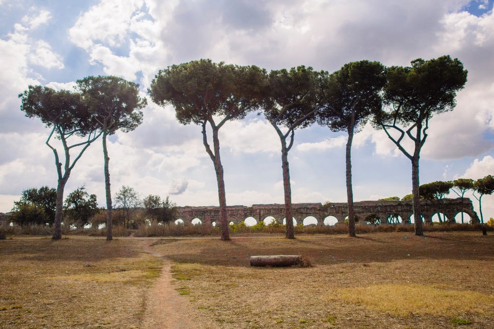 view of ancient aqueduct, parco degli acquedotti, rome, italy